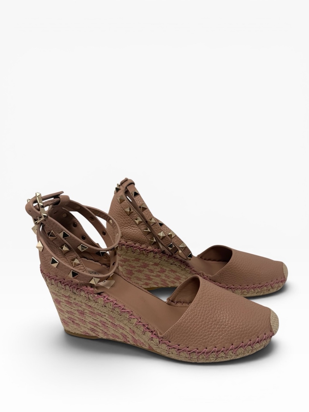 Valentino Garavani rockstud textured leather espadrille wedge sandals neutral